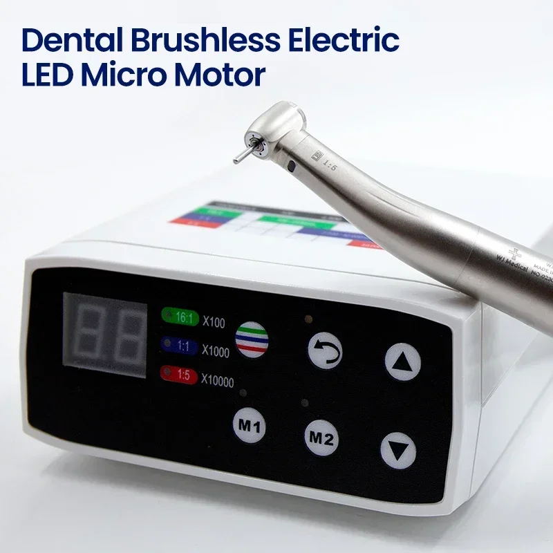 LED Contra Angle Handpiece Brushless Electric LED Micro Motor, 1:1&1:5 Increasing, Low-Speed, Push Button, 4-Way Ceramic Spray