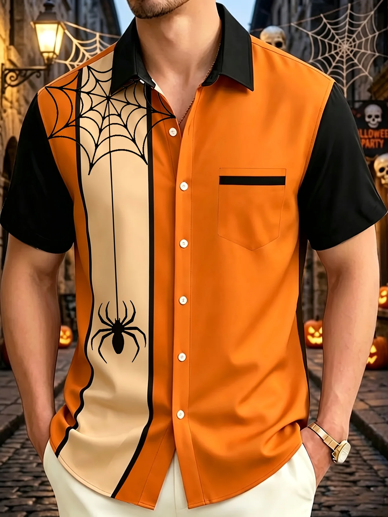 Men Color Block Spider Web Print Short Sleeve Shirt Lapel Collar Button‑Up Polyester Halloween Party Blouse With Chest Pocket