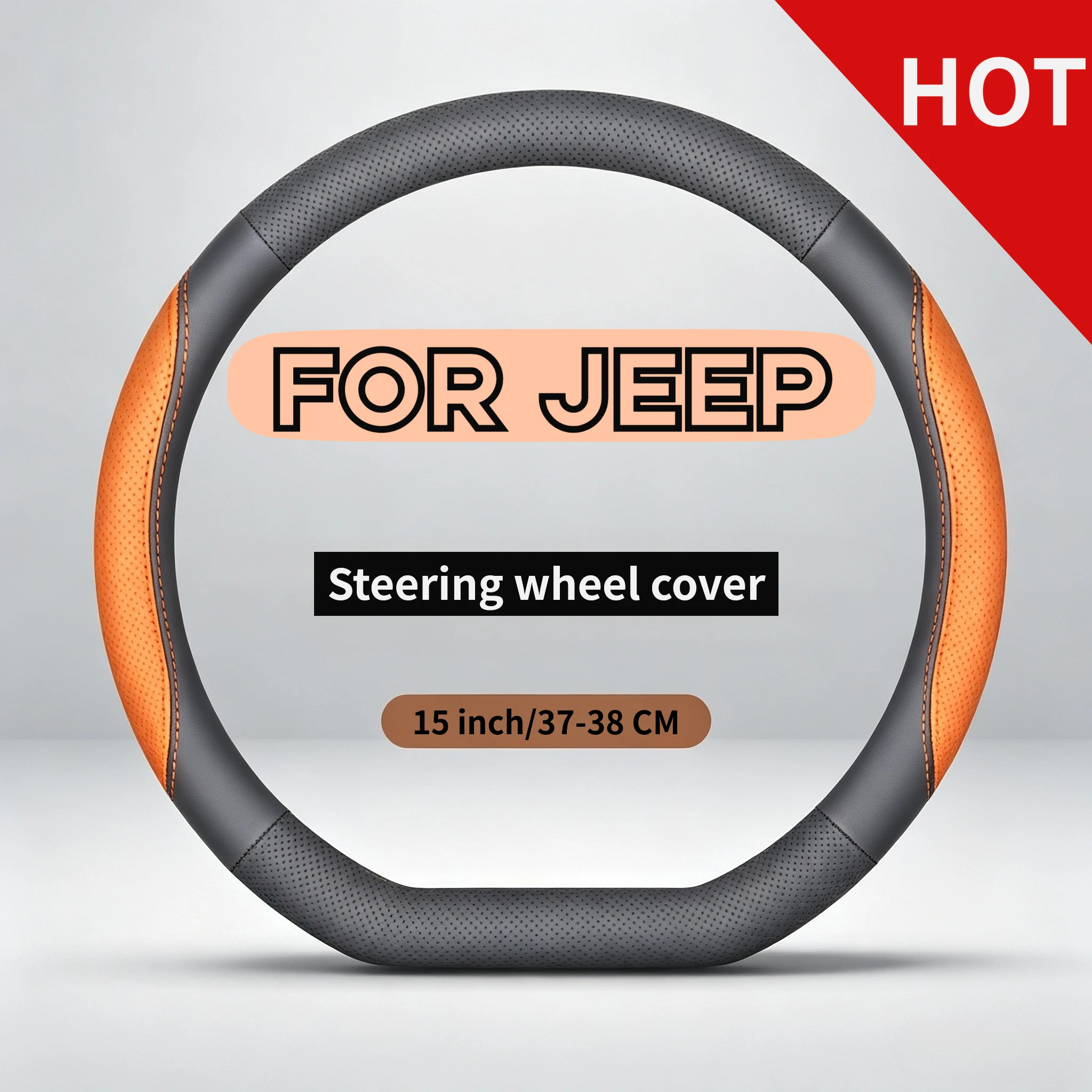 14.5-15 inch leather patchwork steering wheel cover fits Jeep Grand Cherokee Cherokee Compass Commander Wagoneer Patriot Liberty