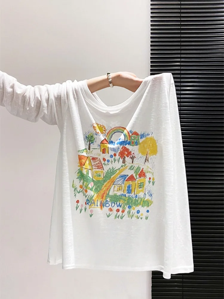 Korean Style Hand-Painted Print Women's Summer Thin Breathable Loose Lazy Top UV Protection Shirt Rainbow House Print Cotton ...
