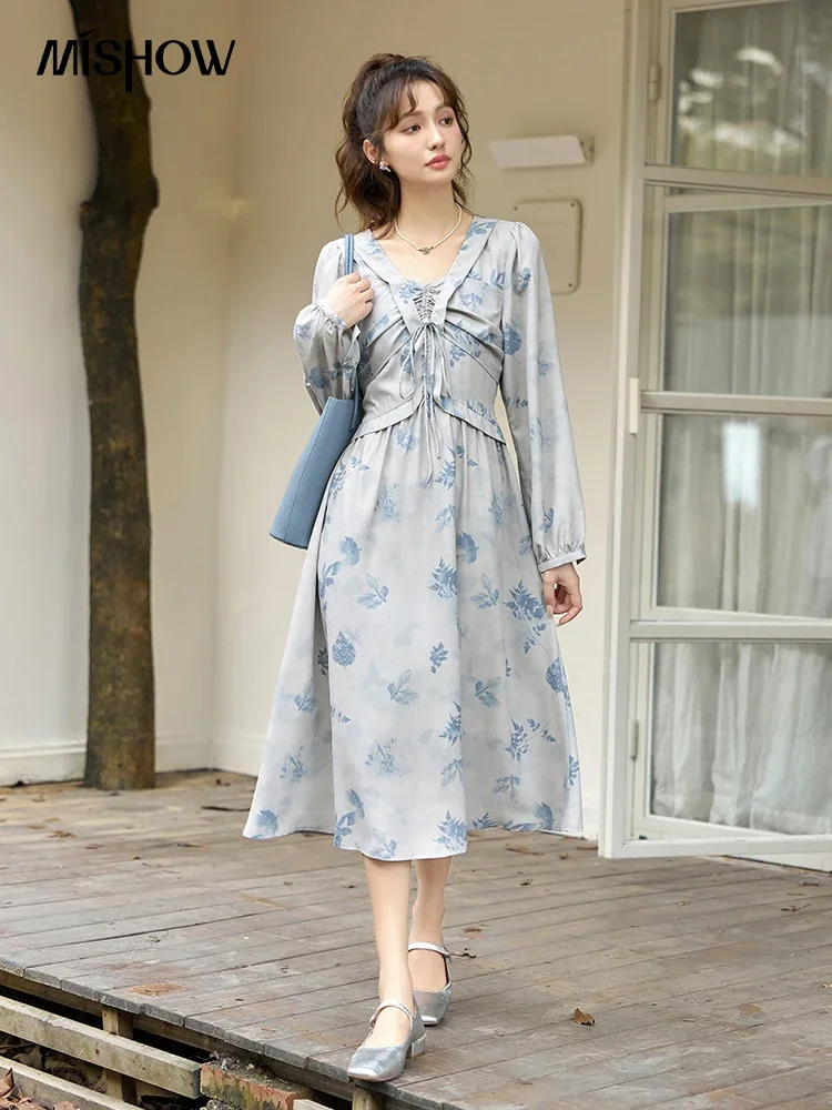 MISHOW French V-neck Long Sleeve Floral Dress for Women 2023 Autumn Lace-up Waist A-LINE Elegant Temperament Dresses MXC42L1566