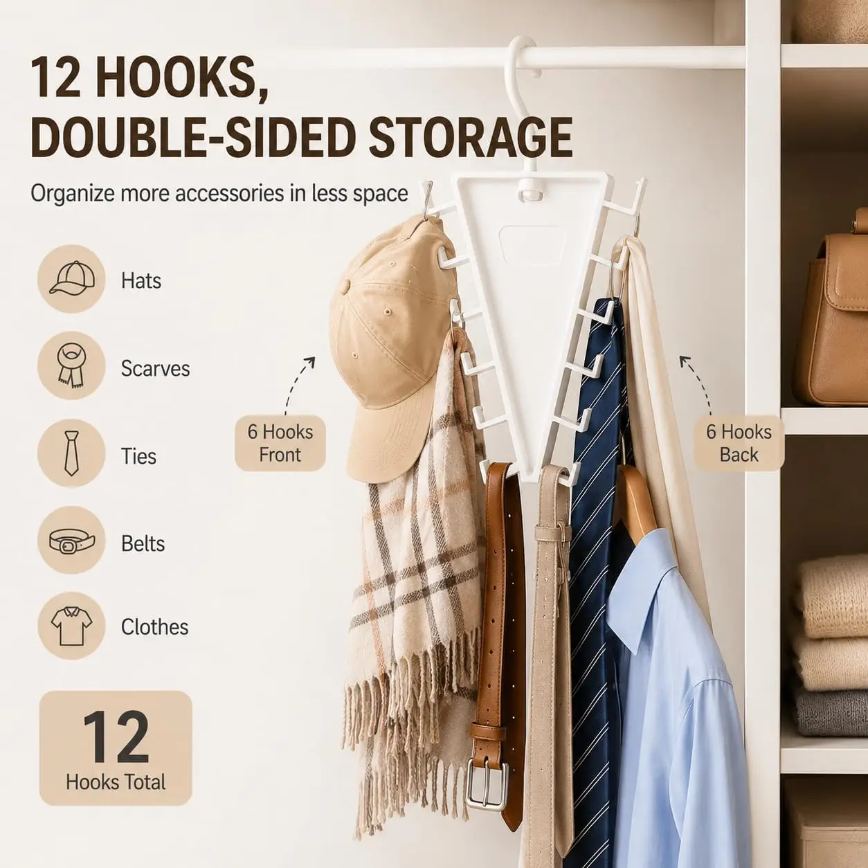 2/4PCS V Shaped Double Sided Hanger, V Shaped Hanger, 12-Hook 360° Rotating Space Saving Vertical Storage Hanger