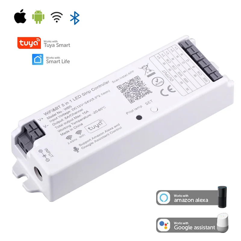 Wifi 5 em 1 controlador led tuya alexa google casa controle de voz rgb rgbw cct led strip dimmer dente azul app rf remoto 12v 24v