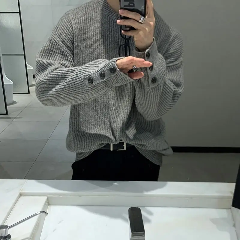 Solid Color Round Neck Pullover Long-sleeved Sweater Knitted Men's Autumn and Winter Casual Loose and Versatile Knitted Sweater