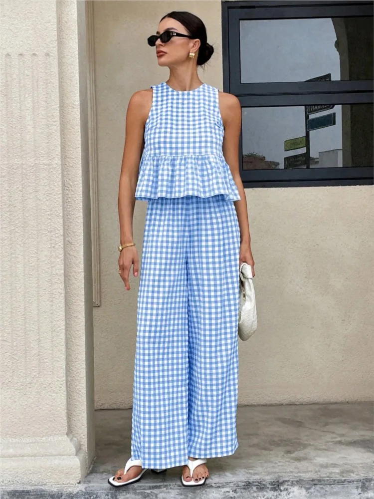 

Women Fashion Lattice Print O Neck Sleeveless Ruffle Top Two Piece Set Summer Casual New Ladies Straight Trousers Sets