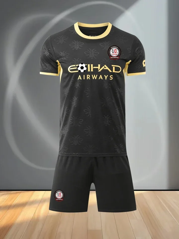 Black Gold Men Football Jersey Set Short Sleeve Soccer Uniform Breathable Quick Dry Football Shirt And Shorts For Team Training