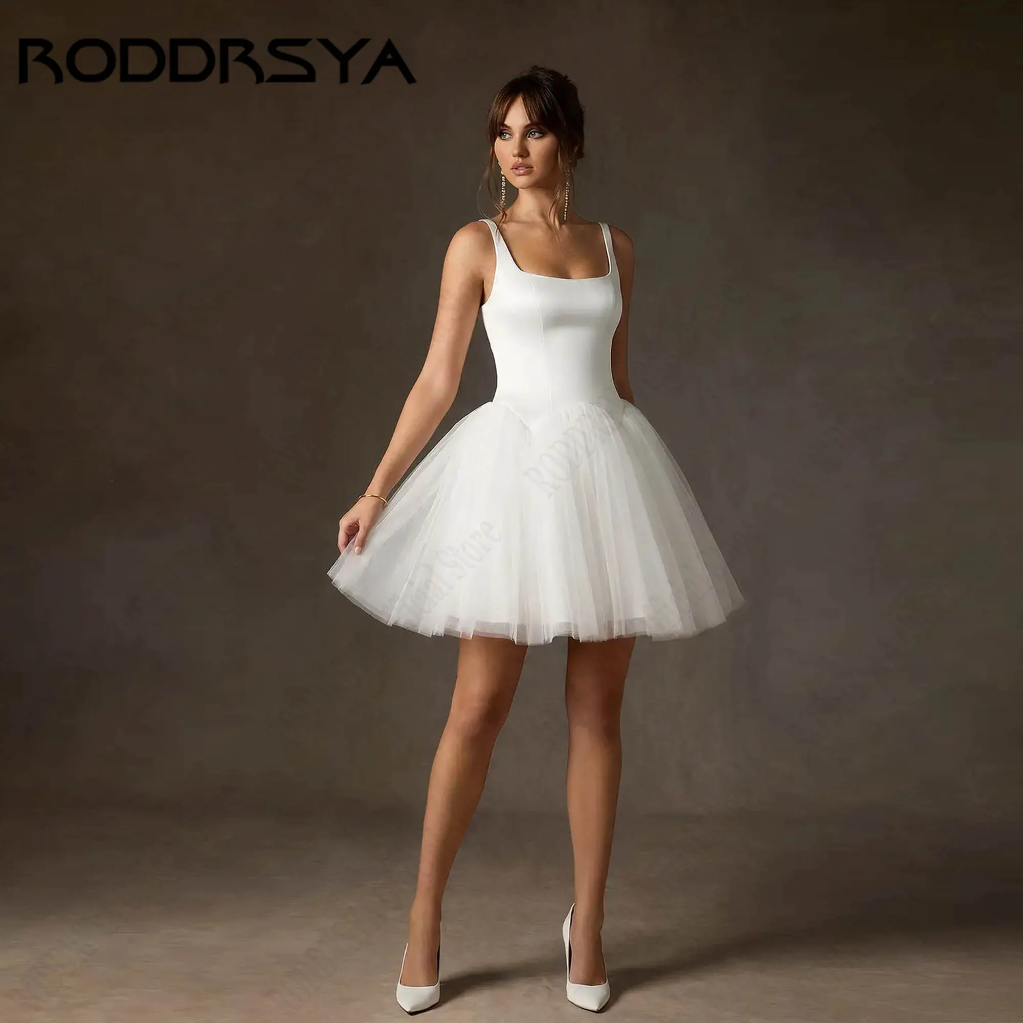 RODDRSYA Simple A-line White Wedding Gown Mini Square Neck Low Back Elegant Bridal Dress Wide Straps vestido de novia Customized