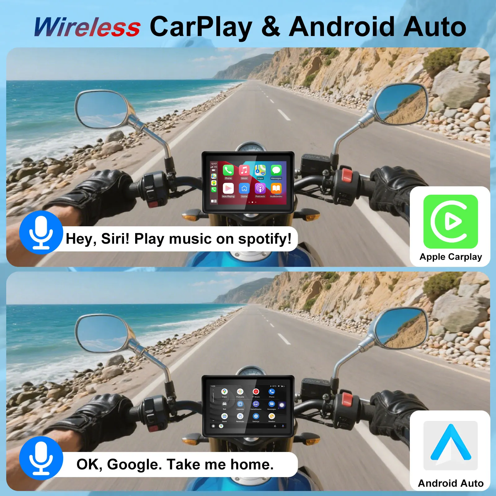 Pantalla de navegación portátil para motocicleta de 5 pulgadas, inalámbrica, CarPlay, GPS, Moto, Android, Monitor automático, resistente al agua