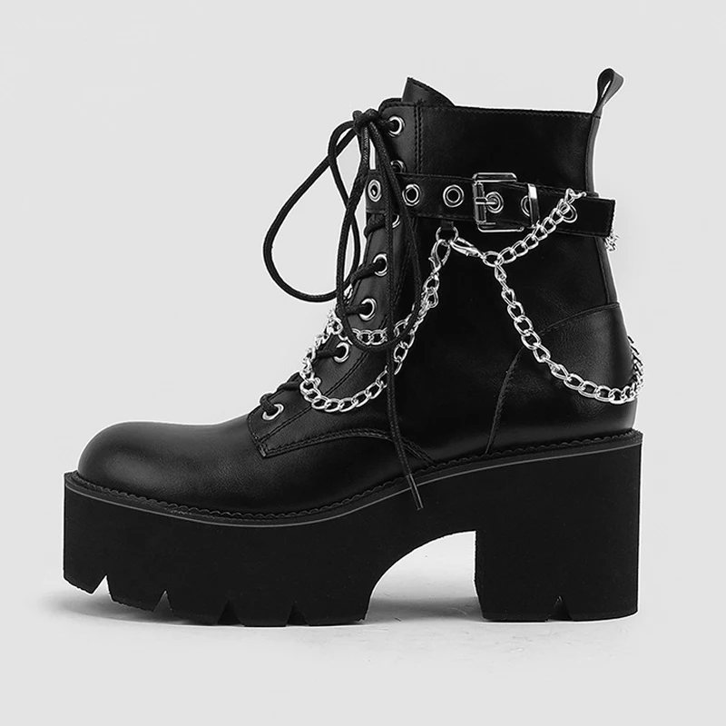 Buty damskie w stylu Punk platformy botki czarne okrągłe Toe masywne obcasy skórzane buty damskie z łańcuszkiem sznurowane Botines WSH4695