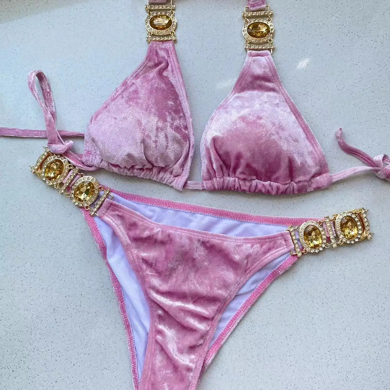 Crystal Bikini Set Bandage Velvet Pink Swimwear Swimsuit Bathing Suit Women Sexy Thong Bikini Gold Velvet Blue Stone Beach Wear