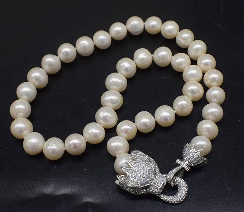 freshwater pearl white near round 11-12mm  leopard clasp necklace 18