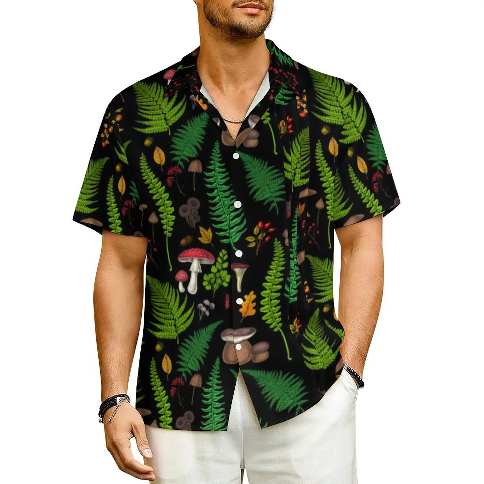 Hawaii Shirt Vacation Magic Mushroom Blouses Woodland Flora and Fauna Casual Shirts Men Short Sleeve Street Style Plus Size Tops