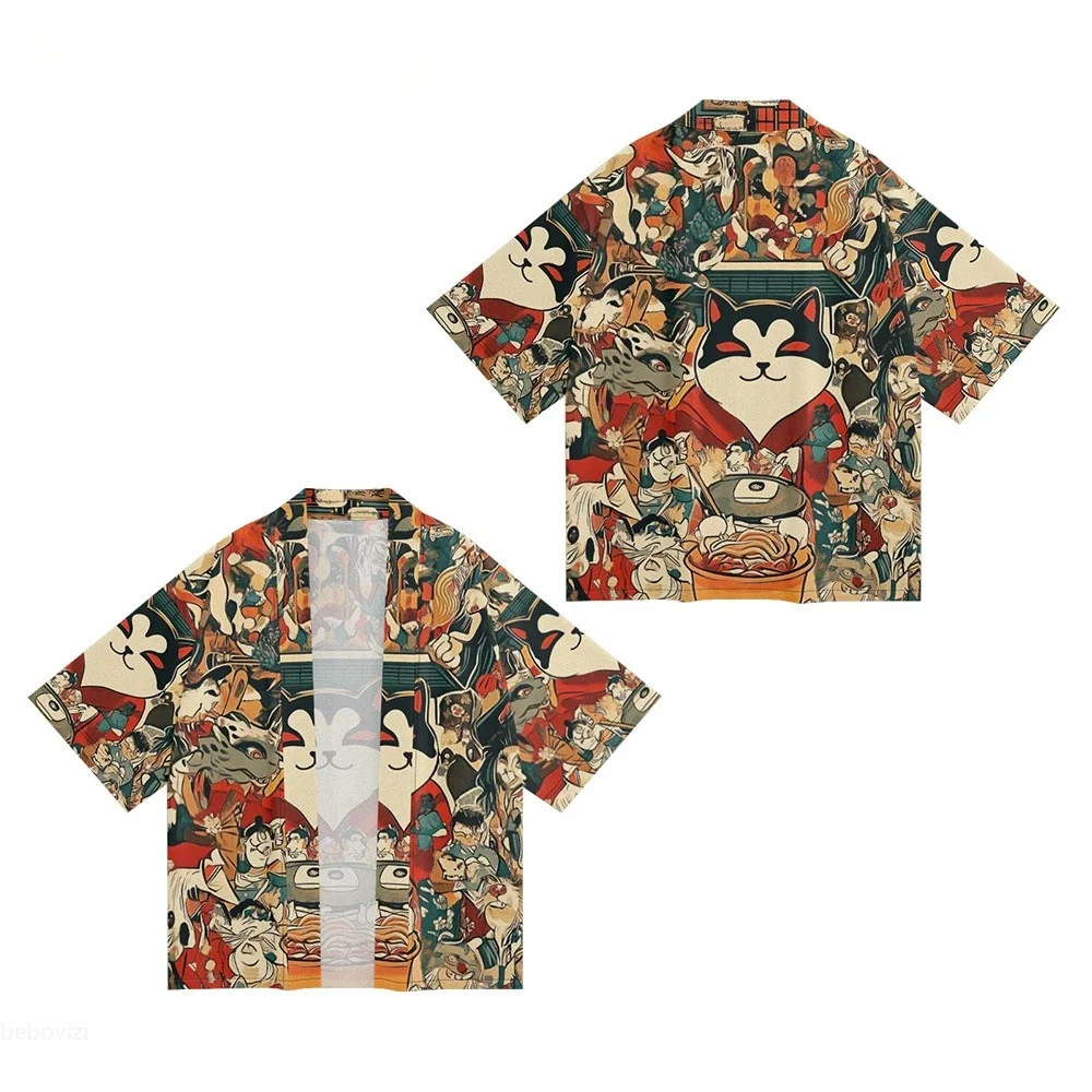 المرأة عارضة فضفاض كيمونو الملابس اليابانية التقليدية الرجال أنيمي القط المطبوعة 2025 الصيف الشاطئ سترة Haori