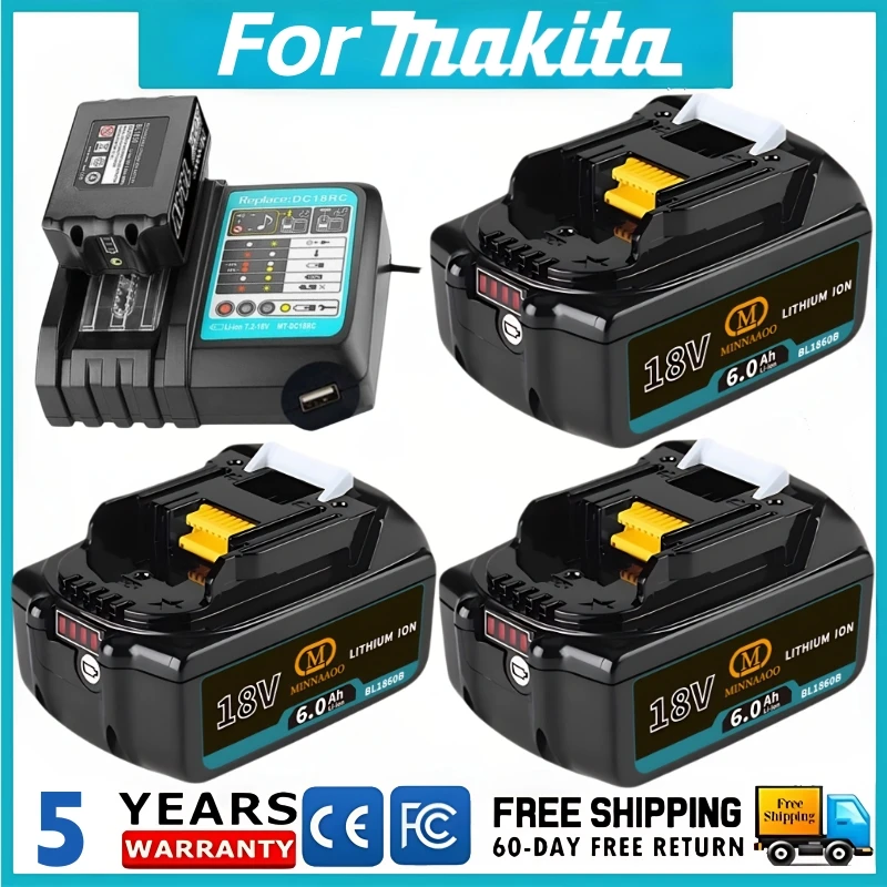 

Для аккумулятора Makita BL1830, зарядное устройство 6А, 18 В Сменный аккумулятор 6,0 Ач/6000 мАч для DC18RD, совместимый с BL1860 BL1850 BL1840B