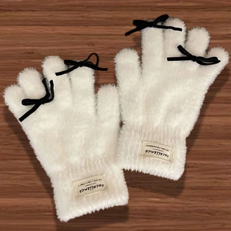 

Unisex Soft Mink Fleece Winter Gloves Women Cute bow Solid White Warm Plush Knitted Full Finger Glove Screentouch Wrist Mittens