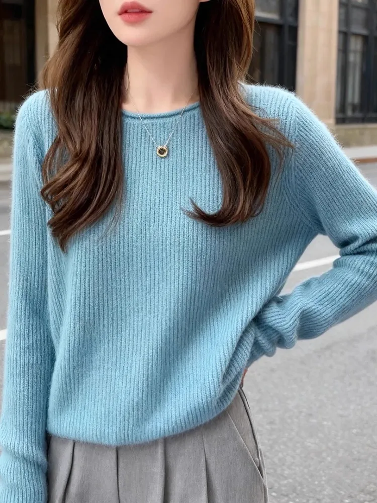 

Синий вязаный свободный женский свитер, осень-зима, повседневный мягкий удобный топ для похудения, модный для молодежи