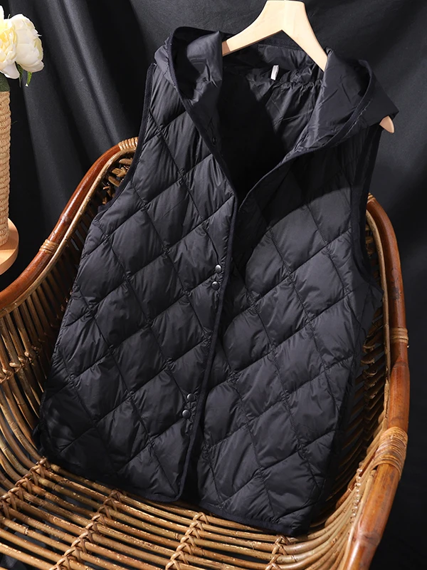 

Lightweight Loose Women's down Cotton Vest Autumn Winter Casual Hooded Svel Coat Diamond Pattern Faionable Top