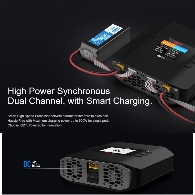 ISDT K4 Двухканальное зарядное устройство AC400W/DC600W*2 1 ~ 8S Интеллектуальное зарядное устройство для литиевой батареи 1 ~ 8S LiFe/Li Ion/LiPo 1 ~ 7S LiHv