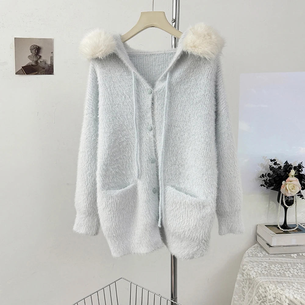 

Fluffy Hooded Long Sleeve Coat Solid Color Loose Fit Sweater Sweet Style Outerwear Womens Clothing Casual Wear Jacket