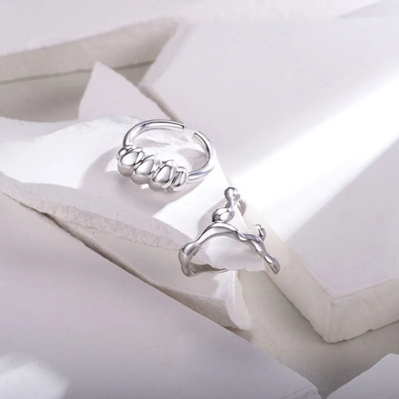 VENTFILLE 925 スターリングシルバー不規則な質感ツイストリング女性シンプルでユニークなデザインセンススムーズトレンドファッションパーティーカップル