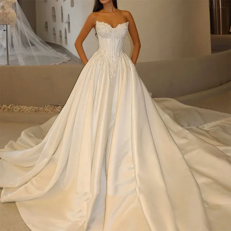 

Элегантные свадебные платья с аппликацией из жемчуга, женские платья принцессы для невесты, бальное платье со шлейфом, платья de novia по индивидуальному заказу