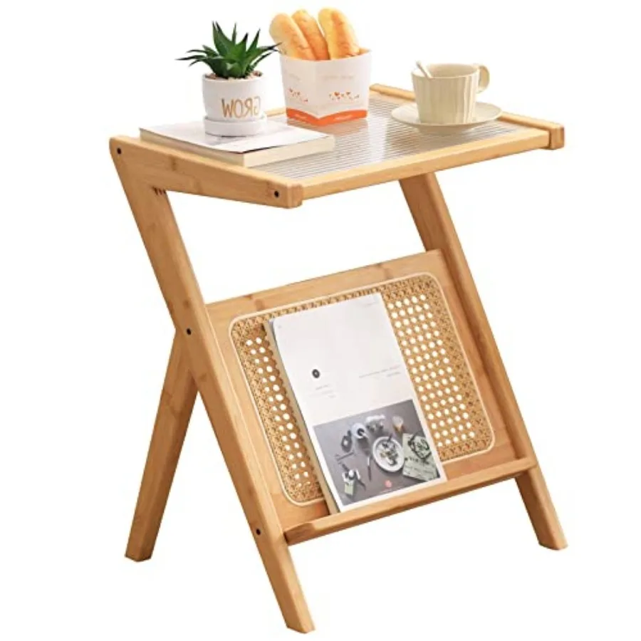 

Rattan Side Table Mid Century Nightstand Bamboo Accent Bedside Tables Glass Coffee Tables Boho Wooden End Table with Storage fo