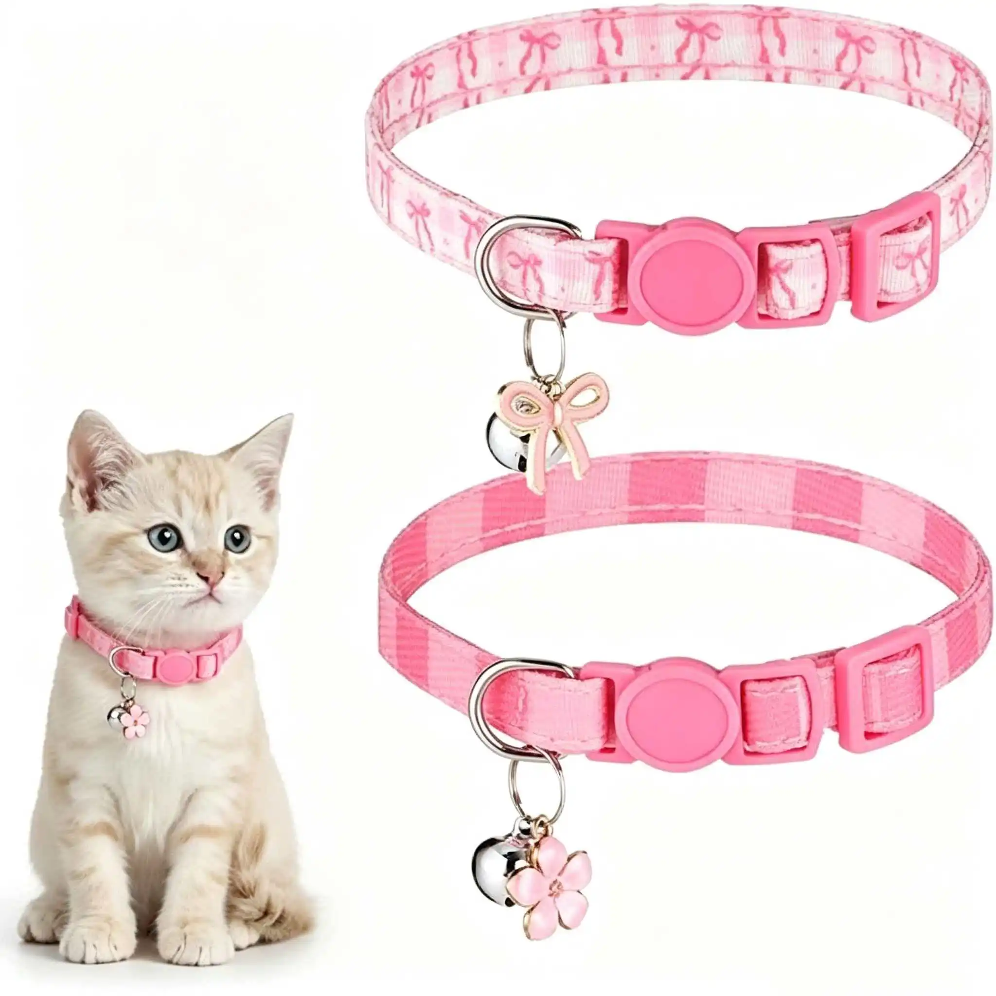 Coleira Rosa para Gato com Sino, Laço e Pingente de Flor, Coleiras Ajustáveis para Gatinhos, Design Fofo em Xadrez Rosa e Laço