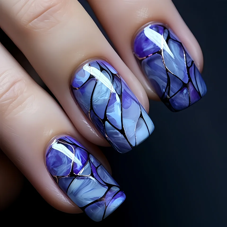 24 uñas postizas cuadradas cortas con degradado azul y línea negra, estilo francés, simples 2