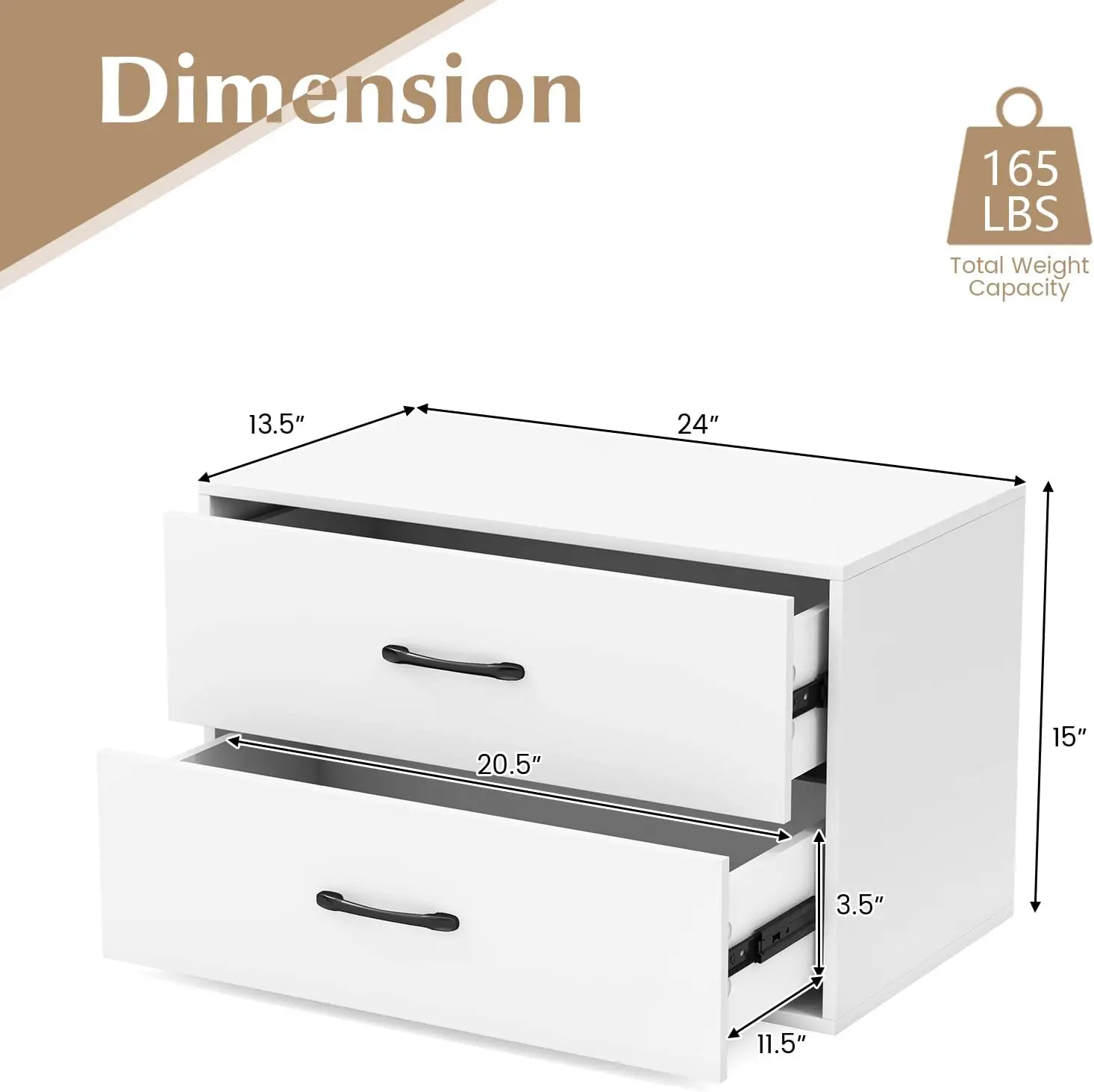 Stackable 2-Drawer Dresser Set of 2, Wood Horizontal Storage Organizer with Metal Handle & Smooth Sliders