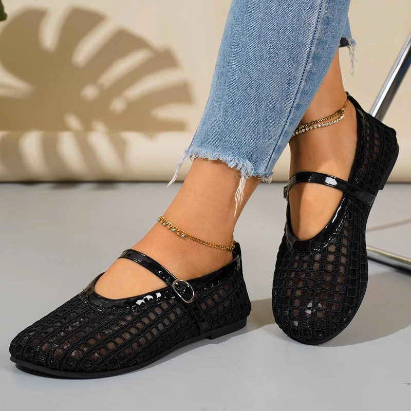 2025 New Mesh  Ballet Shoes Female Summer New Flat Hollow Mesh Breathable Single Shoe Fishnet Shoes Sandals
