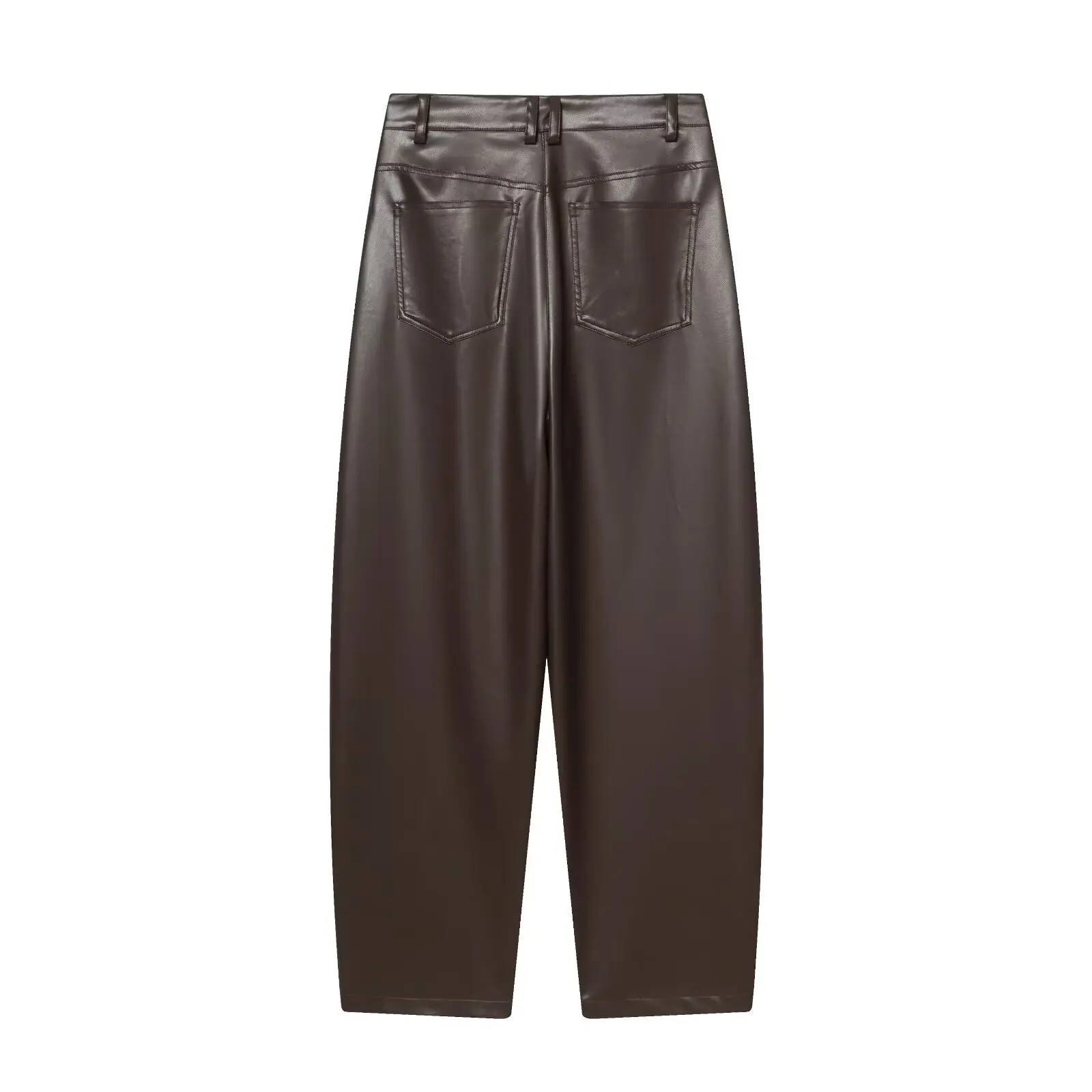 BSAY بالون نمط فو السراويل الجلدية النساء أزياء الخريف الشتاء جديد البني جيب شيك الإناث مرونة عالية الخصر السراويل