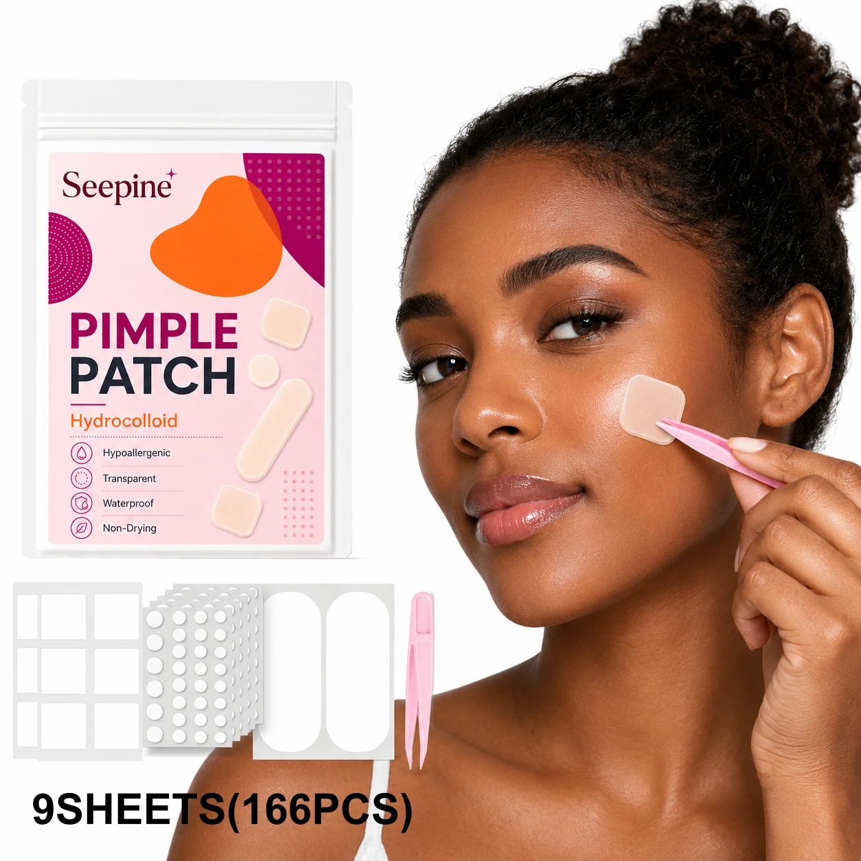 9 Sheets Pimple Patches With Pink Tweezers, for Facial Coverage, Conceals, Blocks Dust, Powder-Proof, Sweat-Proof, for Decoratio