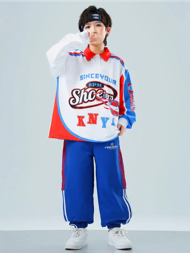 Boys Street Dance Streetwear White Sweatshirt Girls Hip Hop Clothes Sets Kids Jazz Blue Pants Outfits Costume