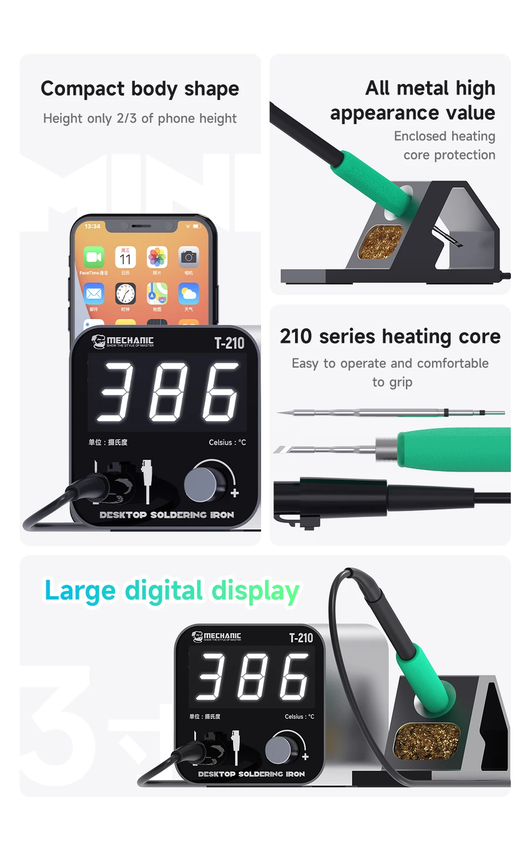 Mechanic T210 Desktop Soldering Iron Intelligent Large Display C210 Heating Core Short Circuit Protection Welding Station