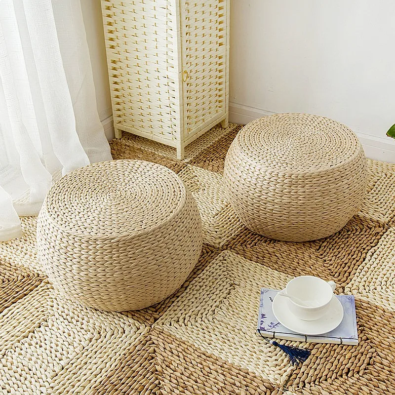 Handmade Woven Shoe Stools Classical Round Straw Seat Tatami Floor Ottoman Natural Reed Low Stool