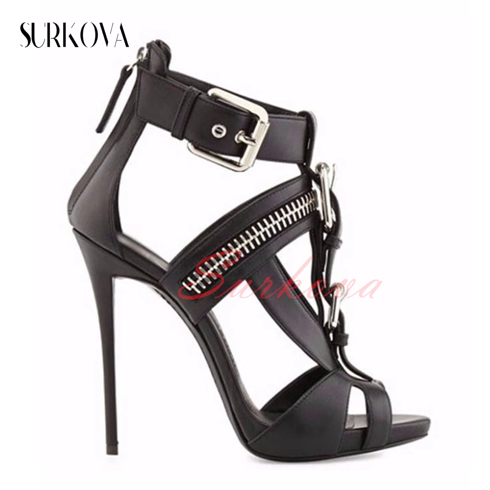 Zipper Metal Buckle Estilo Punk Sandália Ankle Boots Peep Toe Salto fino Sandálias Open Toe Senhoras Moda Stilettos Sandálias 2023 Novo