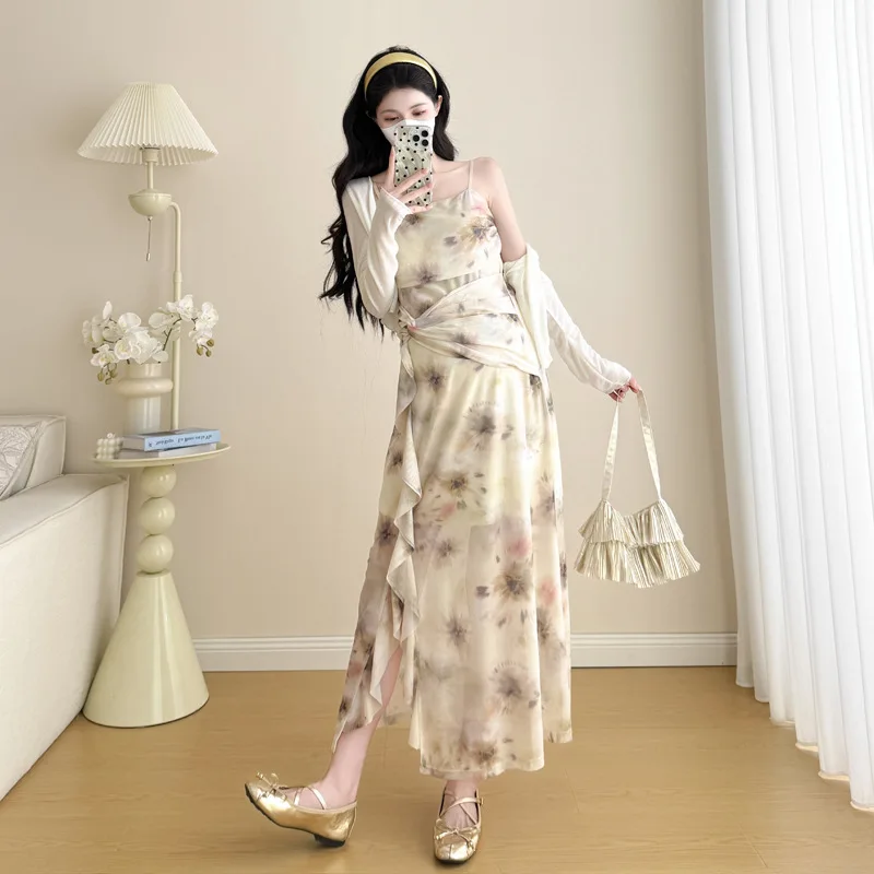 Maternity Suit Summer New Arrival Gentle Elegant Sweet Cardigan And Sling Printed Dress With Ruffle Split Hem Two Piece Set