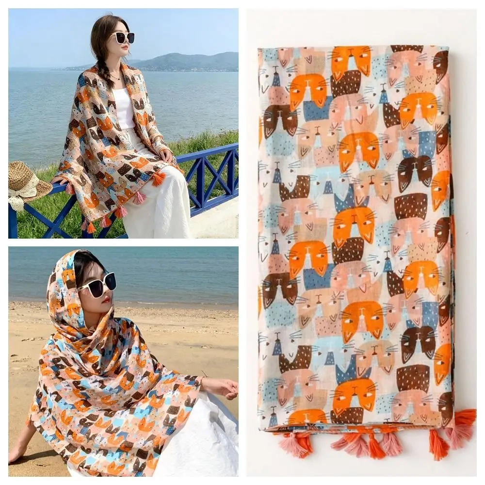 

Simple Long Cat Pattern Tassel Scarf Large Bohemian Animal Print Scarves Kitten Cartoon Printed Silk Scarf Spring/Summer