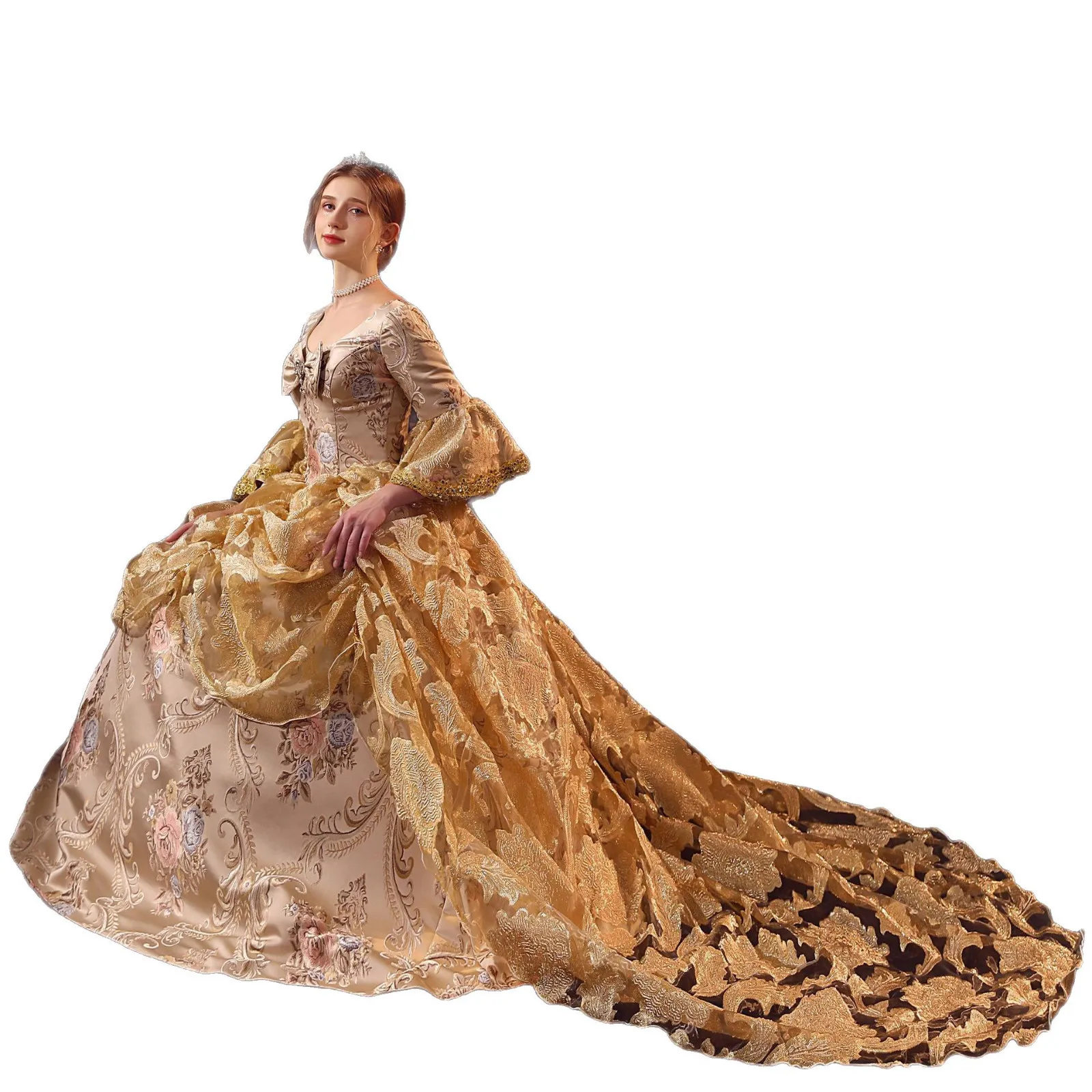 황금 자카드 트레일링 유럽 법원 의상 러시아 티 파티 사진 역할 놀이 탁상 게임 드라마 드레스 Ballkleid Luxuskleid