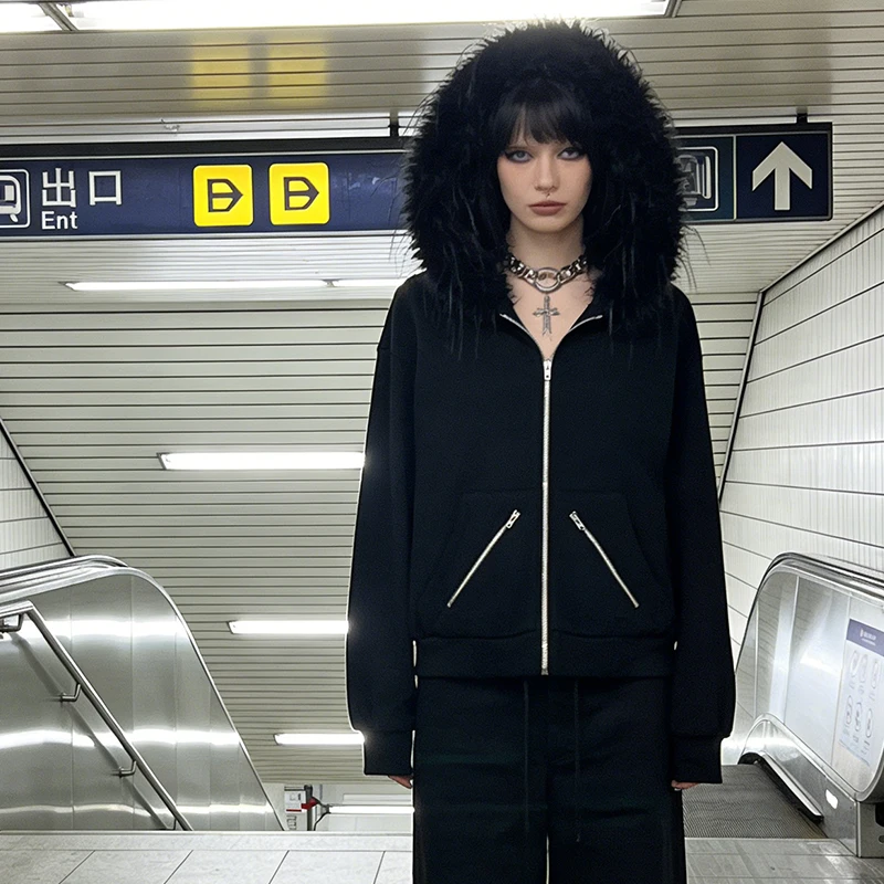 

Модный кардиган-худи в стиле темной готики 2000-х годов с длинными рукавами, на молнии, с карманами, плюшевым воротником, в стиле Spice Girl, уличная одежда