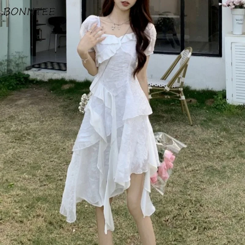 Square Collar Dresses Women Solid Ruffles Chic Defined Waist Sweet French Style Temperament Ins Summer Vestidos Harajuku Trendy