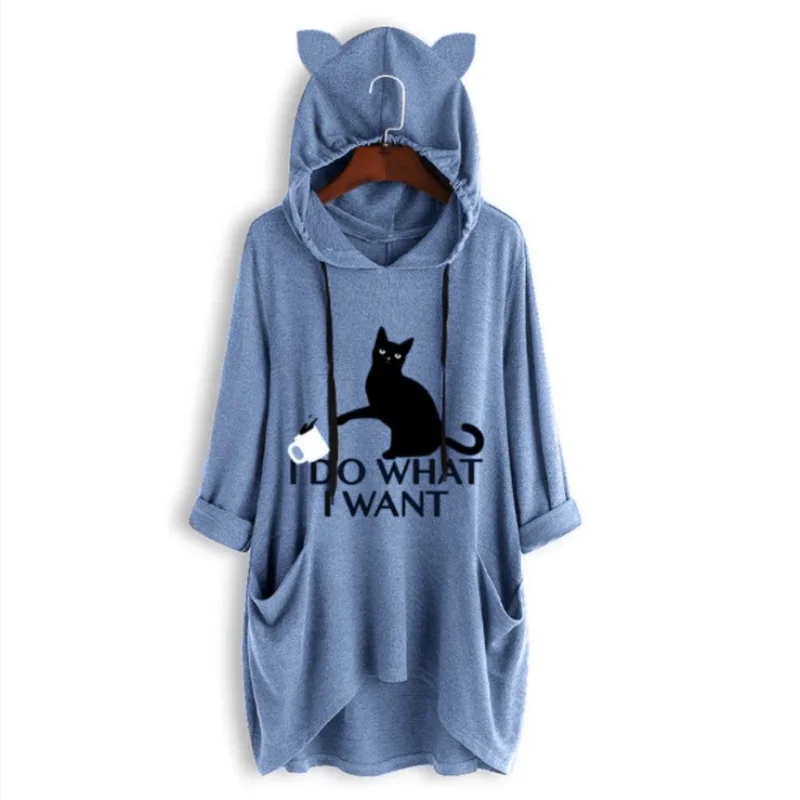 2024 New Loose Large Knitted Hoodie Long Sleeved Hooded Irregular Cat Print Women\'s Wear