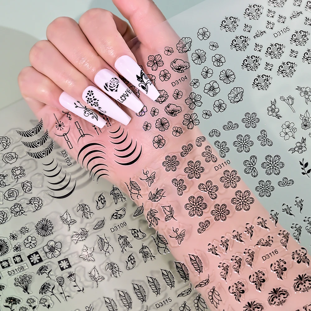 30Pcs/set Black Lace Retro Flower Nail Art Stickers 3D Vine Leaf Floral Nail Decals Self Adhesive Black Flowers Nail Decoration
