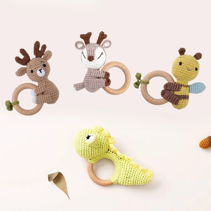 

1PC Baby Ratter Toys Wooden Teether Crochet Animals BPA Free Rattle Toy Newborn Amigurumi Teether Baby Rattles Gifts For Newborn