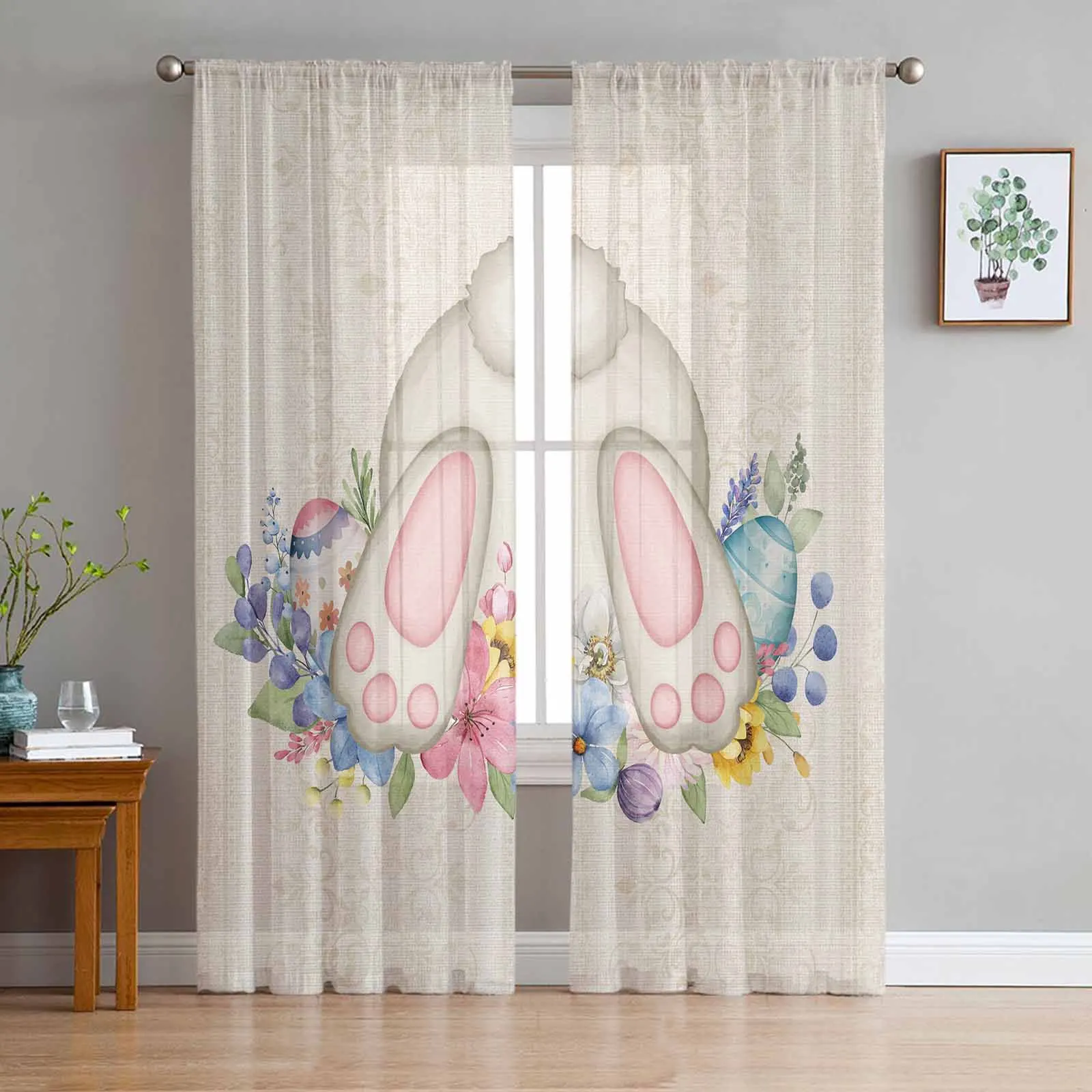 Easter Eggs Bunny Tail Spring Flowers Voile Curtains for Bedroom Window Tulle Curtain for Living Room Sheer Blinds Drapes