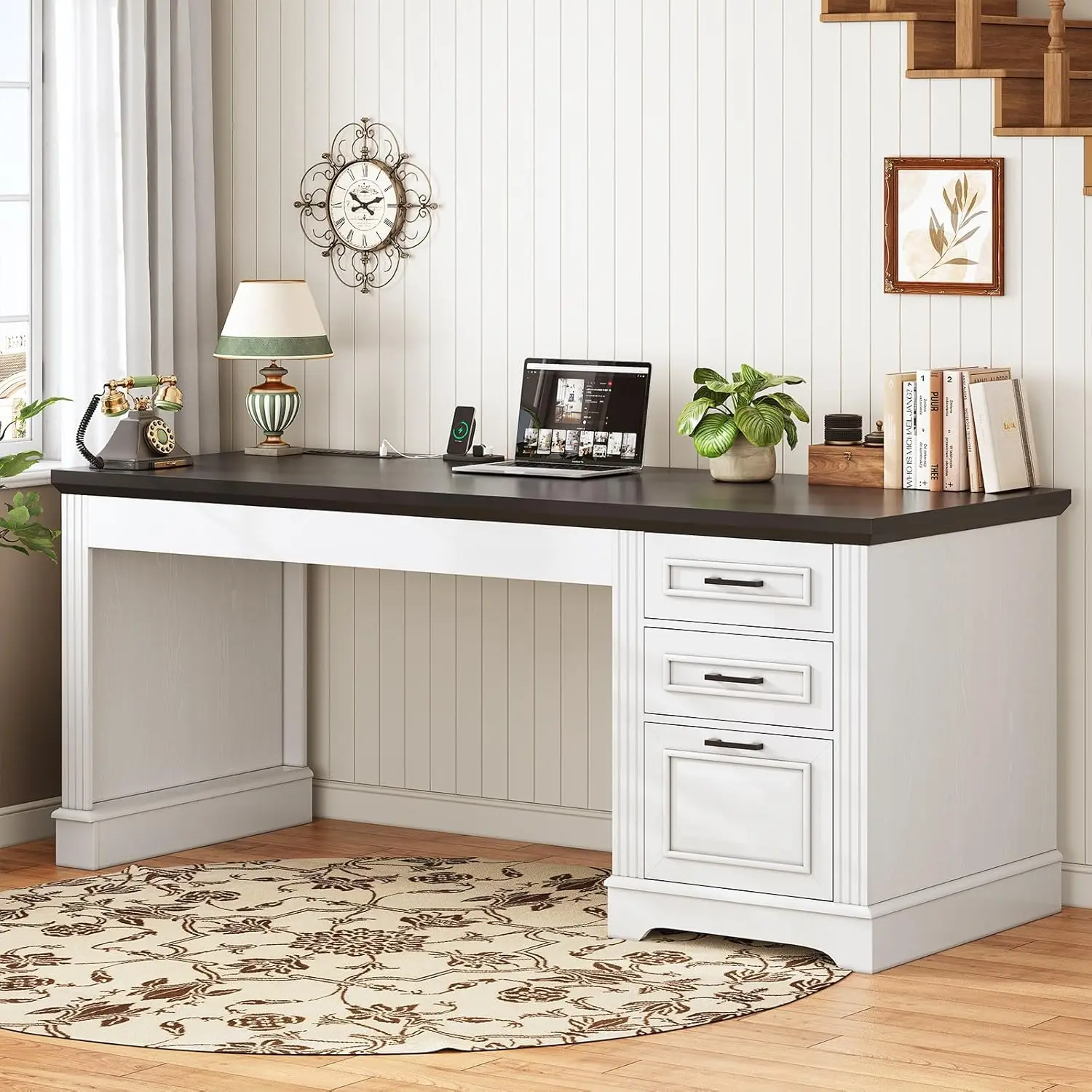 Computer Desk with Storage Drawers, Farmhouse Desk with Power Outlet for Home Office