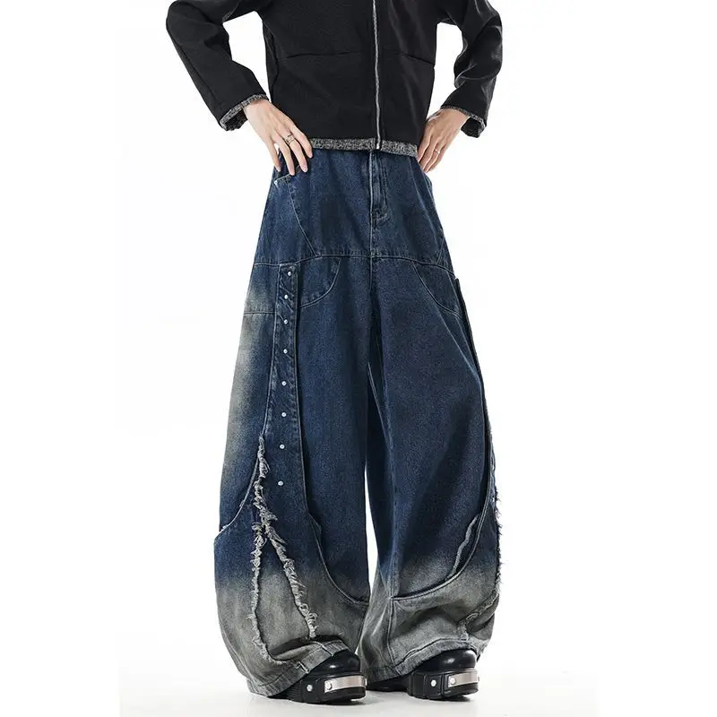 Men's Gradient Design Wide Legs Jeans Sweatpants Spring Bottom Young Boy Casual Pants Male High Waist Y2k Cool Trousers