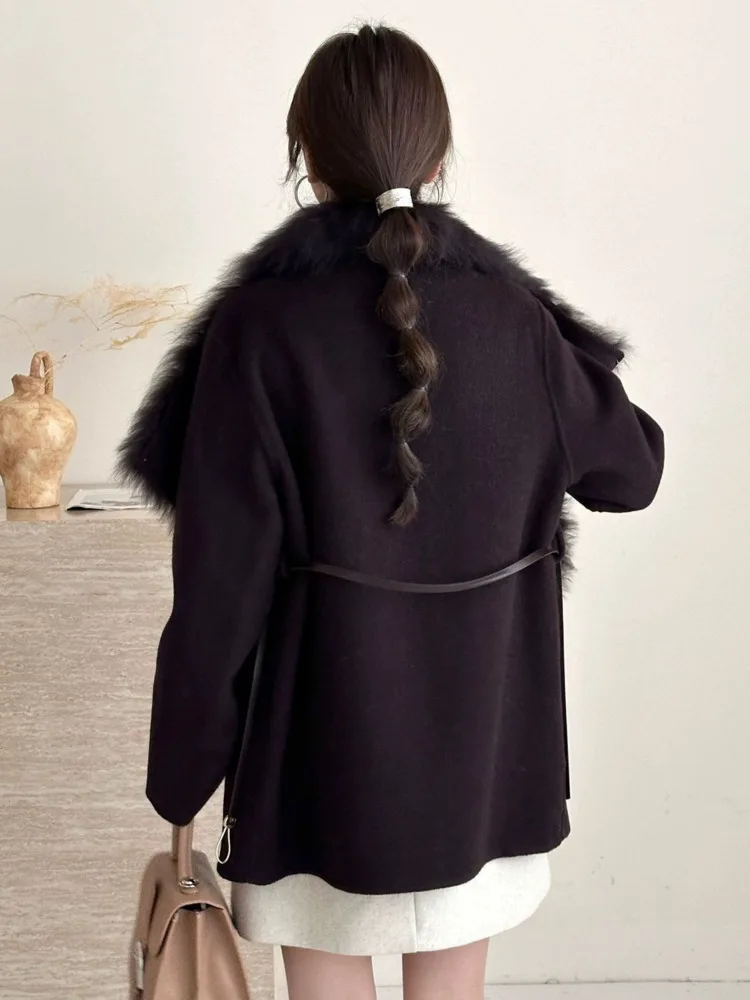 ZMEENNA Womens Luxurious Wool Blend Coat With Oversized Fur Collar Trim Warm Winter Outwear Short Elegant Jacket Brown ZM4540