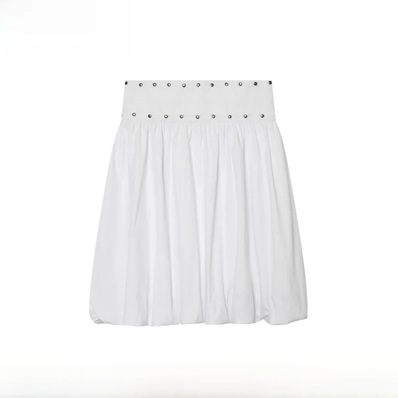 Fashionable Rivet Decorated Balloon Midi Skirt Women's New Arrival Spring Summer High Waist Polyester Fiber Standard Version