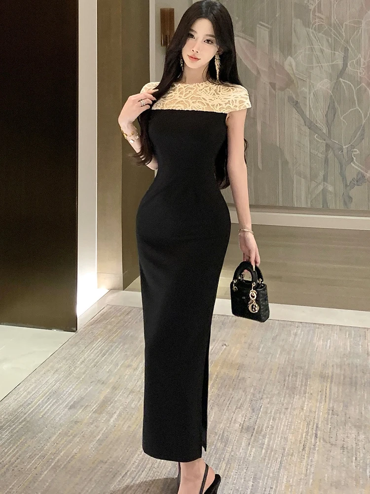 2025 preto retalhos branco jacquard lantejoulas vestido longo feminino coreano vintage vestido de uma peça verão elegante bodycon vestido de noite